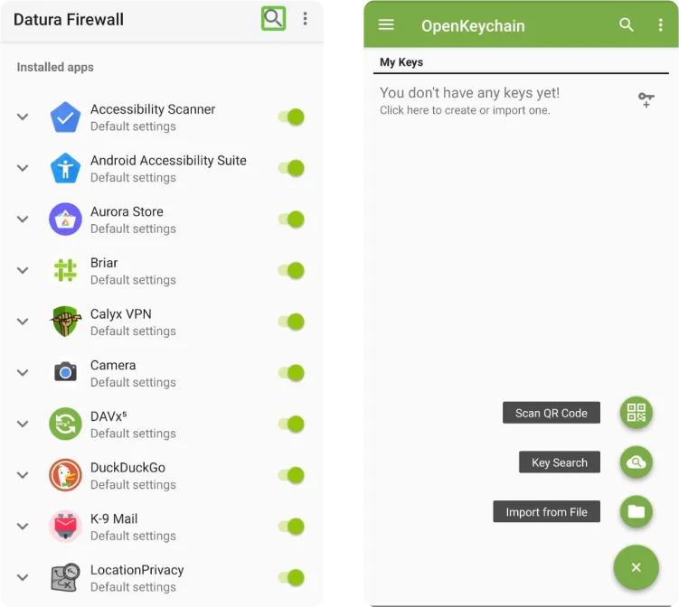 CalyxOS Datura Firewall and OpenKeychain screenshots