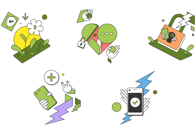 CalyxOS overview of 5 illustrations on dark mode